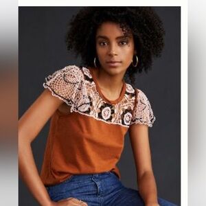 Anthropologie Tan and Brown Flutter Sleeve Cropped Blouse